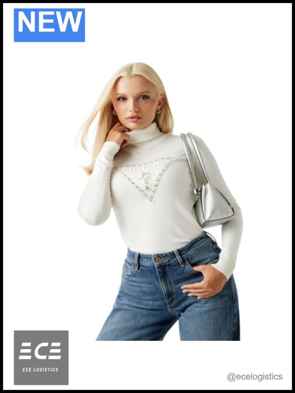 Long Sleeve Turtleneck Sweater with Embroidered Beaded Triangle Logo